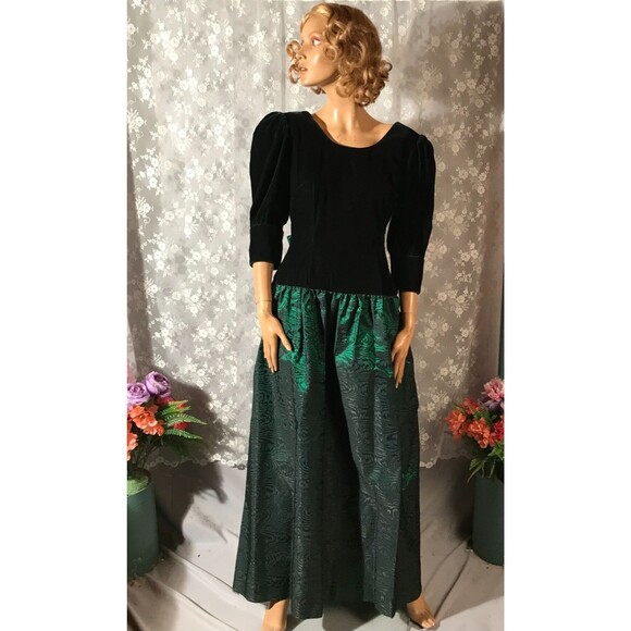 Vintage 80s Holiday Gown Size Small 1980s Green Velvet & Faille Evening Couture - Picture 7 of 9